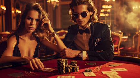 Young stylish man and woman play roulette. Luxury casino concept. Betting concept. Generative AI.の素材
