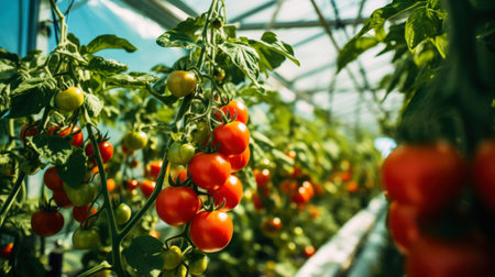 Ripe red tomatoes cluster in greenhouse. Vegetable on organic farm concept. Generative AI.の素材
