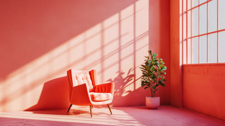 Aesthetic minimalist room interior with a cozy armchair. Peach fuzz color palette. Generative AI.の素材