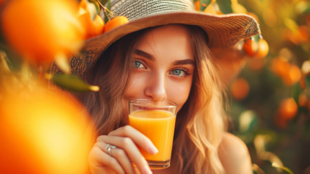 Portrait of a young girl in hat with a glass of freshly squeezed orange juice. Orange garden background. Generative AI.の素材