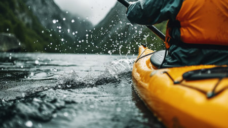 Man in kayak with paddle. Back view. Splashes of water of mountain river. Extreme kayak sport concept. Generative AI.の素材