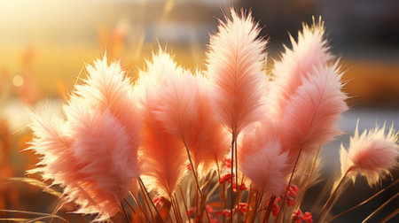 Close up of pampas grass plumes soft and fluffy on a field with sunshine. Generative AI.の素材