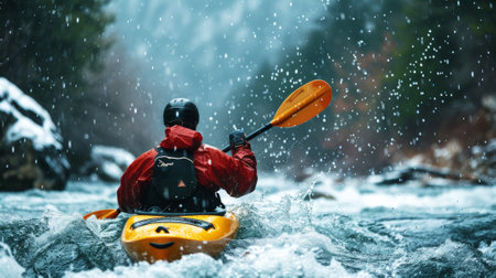 Man in kayak with paddle. Back view. Splashes of water of mountain river. Extreme kayak sport concept. Generative AI.の素材