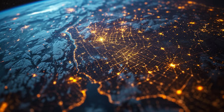Big city lights view from space. Planet earth globe with night realistic world map. Communication concept. Generative AI.の素材
