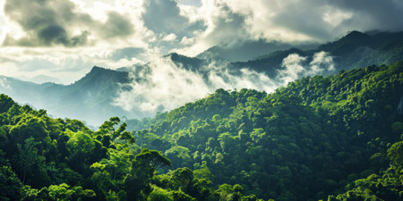 Tropical green mountains with mist. Cloudy foggy sky backdrop. Generative AI.の素材
