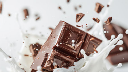 Pieces of delicious broken chocolate float in splashes of milk. Dinamyc white background. Food concept. Generative AI.の素材