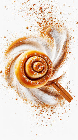 Freshly baked cinnamon bun roll with sugar and flour. Aesthetic food advertising concept. Generative AI.の素材