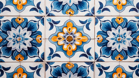 Vintage traditional tile background. Blue azulejos floral pattern. Generative AI.の素材