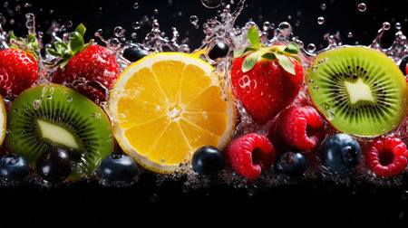 Variety of fresh juicy tropical fruits background. Splash of vitamins. Healthy and tasty diet. Generative AI.の素材