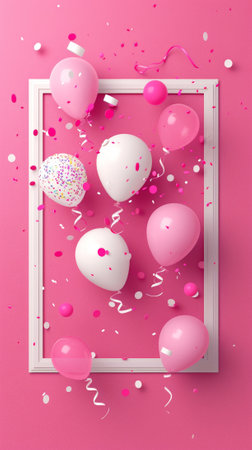 Flat lay of white frame with balloons and confetti. Pink color palette. Advertising banner concept. Generative AI.の素材