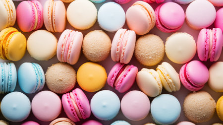Colorful macarons backdrop. View from above. Aesthetic delicious background. Pastel color palette. Generative AI.の素材