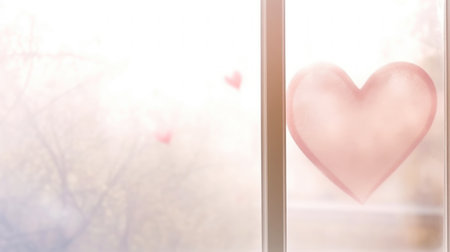 The heart is painted on the misted window. Light color palette. Aesthetic love concept. Generative AI.の素材