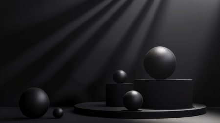 Aesthetic black podium with matte spheres of different sizes. Sun rays. Luxury concept. Dark background. Generative AI.の素材