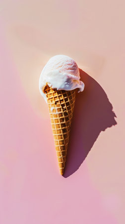 Aesthetically melting strawberry ice cream in a cone. Light pastel background. Trendy template. Generative AI.の素材