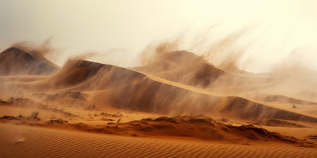Sandstorm in desert. wind and orange sand clouds. Dunes landscape. Generative AI.の素材