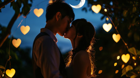 Asian couple kissing against the background of bokeh of hearts. Romantic night. Love engagement concept. Generative AI.の素材