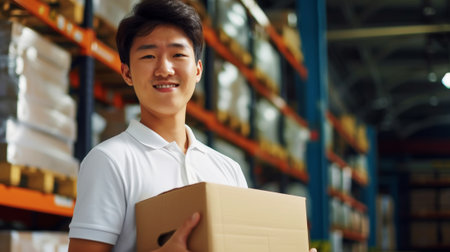 Smiling Asian delivery man holding cardboard box against warehouse background. Delivery concept. Generative AI.の素材