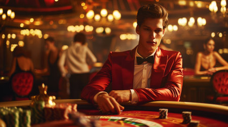 Young man stylish plays roulette. Luxury casino concept. Betting concept. Generative AI.の素材