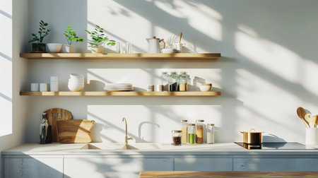 Wooden white scandinavian kitchen storage organization. Perfect open shelves in light modern kitchen. Generative AI.の素材