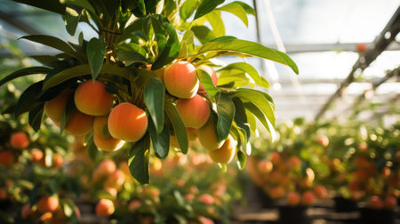 Ripe organic peaches growing on tree in greenhouse. Healthy fruits concept Generative AI.の素材