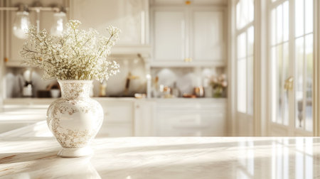 Interior of a modern kitchen with an island. Close-up of a beige fashion vase. Light colors. Generative AI.の素材
