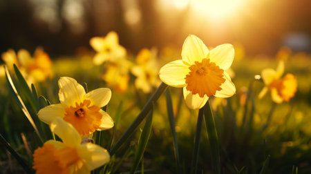 Close-up of yellow daffodil flowers blooming in spring. Bokeh sunny background. Spring landscape concept. Generative AI.の素材