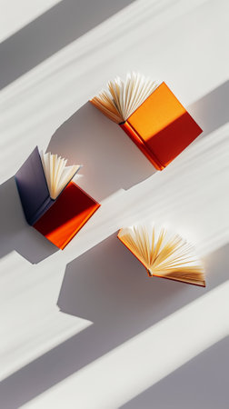 Aesthetic view on floating books, light pastel colors. Creative background. Reading concept. Generative AI.の素材