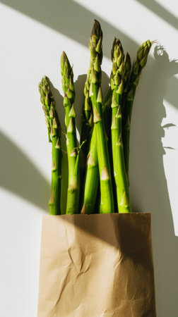 Fresh green asparagus in a paper bag on a white background. Healthy organic food concept. Generative AI.の素材