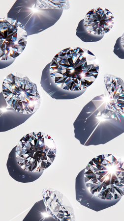 Luxurious pattern of diamonds on white background. Sparkle of gemstones. Precious stones jewelry concept. Generative AI.の素材