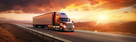 Panoramic view on large truck on a highway road through the countryside in a beautiful sunrise. Generative AI.の素材
