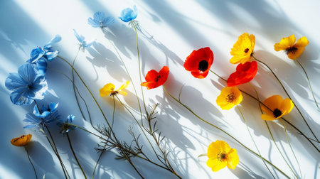Top view of fresh red poppies, blue and yellow wildflowers. Light background. Boho style. Generative AI.の素材