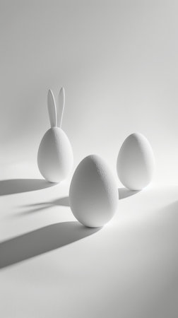 Aesthetic white Easter eggs with bunny ears on a white background. Creative stylish card. Copy space. Generative AI.の素材