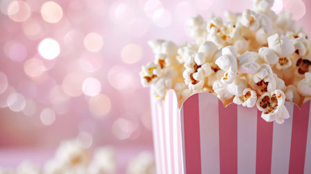 Delicious popcorn spilled from a pink striped cardboard box on a pastel glitter bokeh background. Copy space. Generative AI.の素材