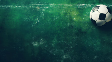 Football ball on green background, top view. Copy space. Sport advertising concept. Generative AI.の素材