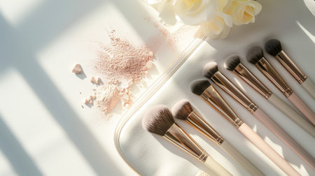 Top view of cosmetic bag with different brushes, scattered powder and blush. Light pastel color palette. Generative AI.の素材