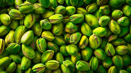 Top view on green fresh pistachios pattern. Nuts background. Generative AI.の素材