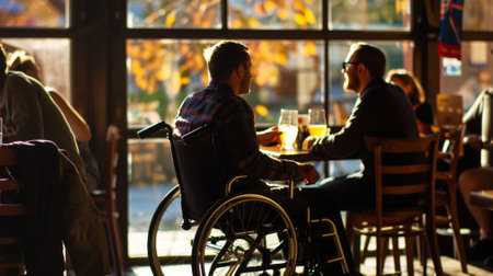 Friends are in restaurant, one of them is disabled and uses a wheelchair. Inclusiveness concept. Generative AI.の素材