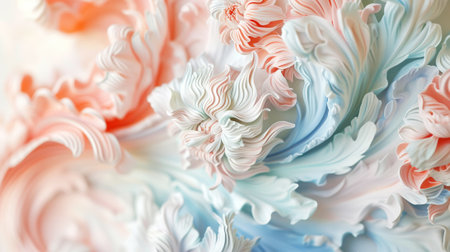The flowers, reminiscent of sculpture. In pastel pink and blue tones. Abstract trendy background. Generative AI.の素材
