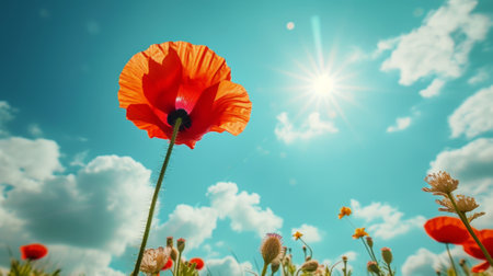 Close up of red poppy flower against blue sky background. Spring landscape concept. Generative AI.の素材