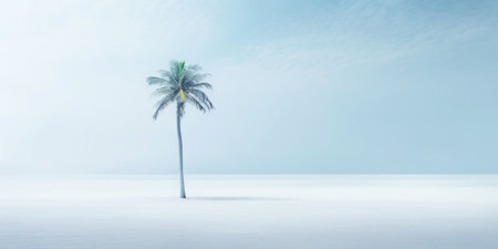 One lonely palm tree on a white beach. Calm sae with mist. Tranquil seashore landcsape. Generative AI.の素材
