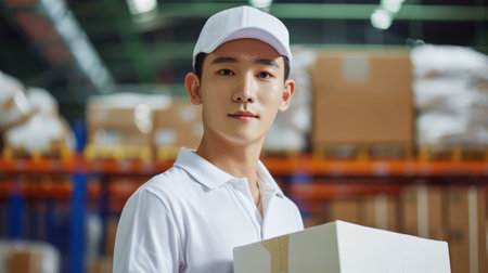 Smiling Asian delivery man holding cardboard box against warehouse background. Delivery concept. Generative AI.の素材