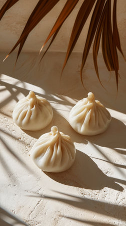 A group of khinkali on a light background with sunny shadows. Traditional food concept. Copy space. Generative AIの素材