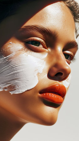 Close-up of young caucasian girl with aesthetic rough smear of face cream. Light background with sun rays. Generative AIの素材