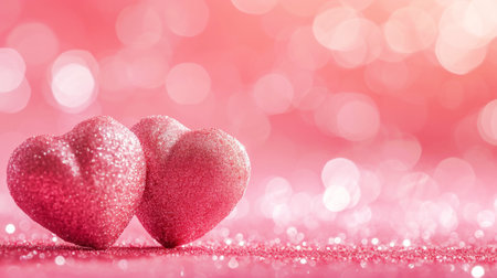Two sparkling glitter hearts on blurred pink background. Valentines day. Copy space. Romantic concept. Generative AI.の素材