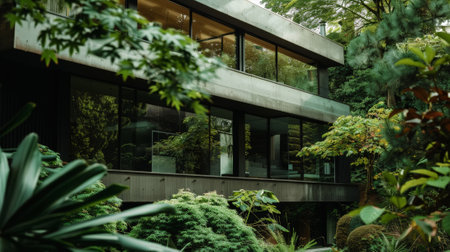 Exterior of dark mysterious luxury villa surrounded with trees. Quiet place for live. Generative AIの素材