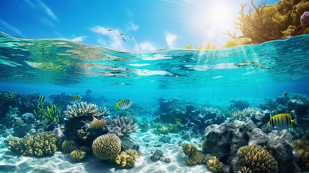 Underwater view of a colorful sea coral reef with fishes. Ocean ecosystem. Generative AIの素材