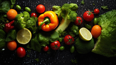 Fresh organic vegetables and greens background. Healthy Mediterranean diet. Holistic nutrition concept. Generative AIの素材