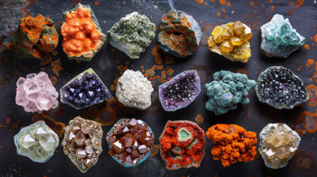 Top view of a large geological collection of semi-precious stones, stones and minerals. Dark background. Generative AIの素材