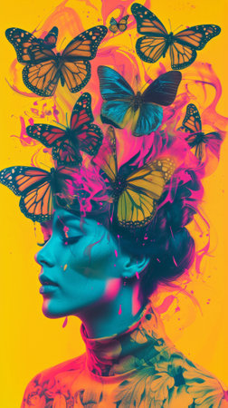Trendy fashion magazine cover with a woman with butterflies on head and face. Pop art style. Modern Art. Generative AIの素材