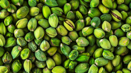 Top view on green fresh pistachios pattern. Nuts background. Generative AIの素材